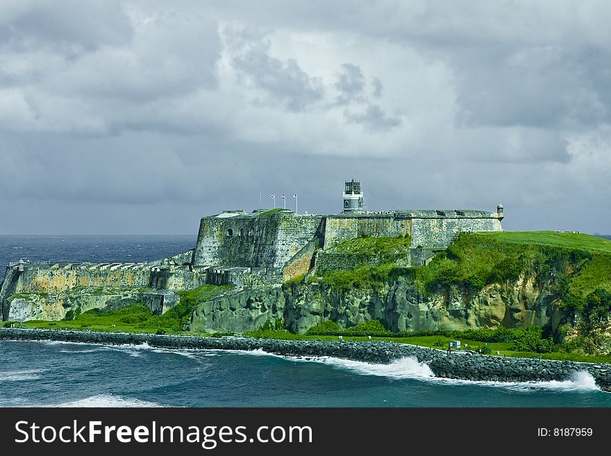 An old fort standing over the coast of an island. An old fort standing over the coast of an island