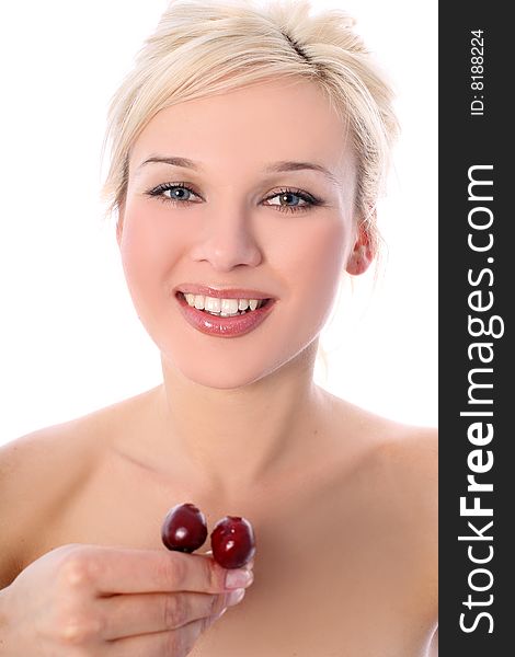Lovely blondie girl with cherry isolated on white. Lovely blondie girl with cherry isolated on white
