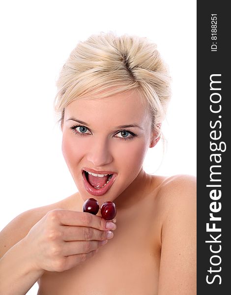 Lovely blondie girl with fresh cherry isolated on white. Lovely blondie girl with fresh cherry isolated on white