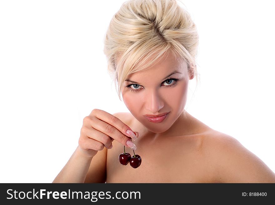 Lovely blondie girl with cherry isolated on white. Lovely blondie girl with cherry isolated on white