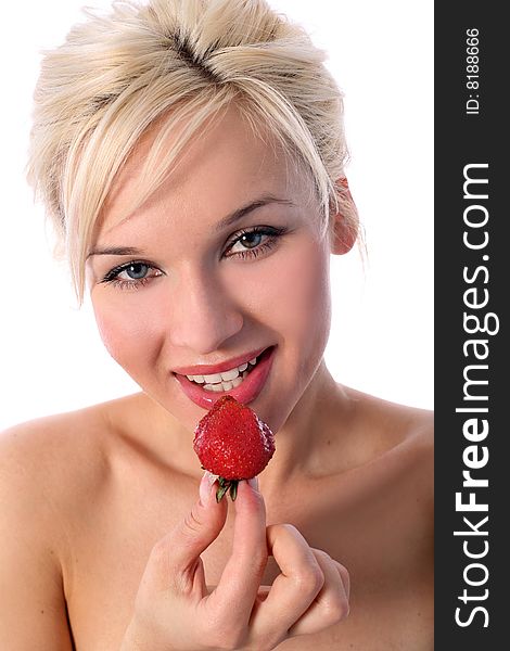 Lovely blobdie girl with strawberry isolated on white