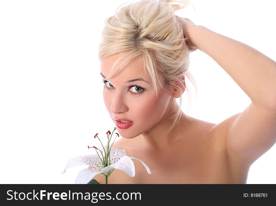Lovely blondie girl with madonna lily isolated on white