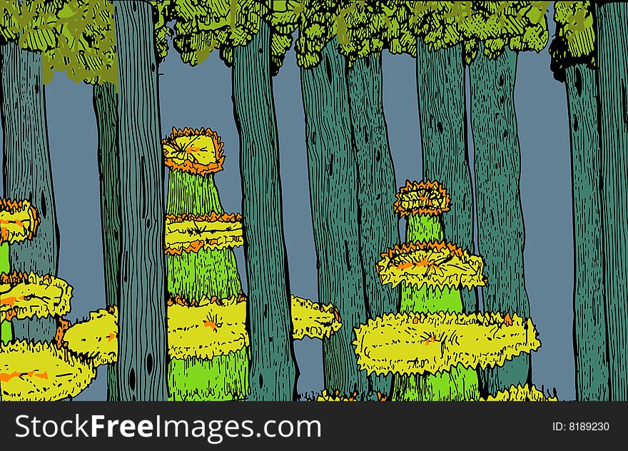 Some tall fictional trees stand out in the forest. Fully scalable vector illustration. Some tall fictional trees stand out in the forest. Fully scalable vector illustration.