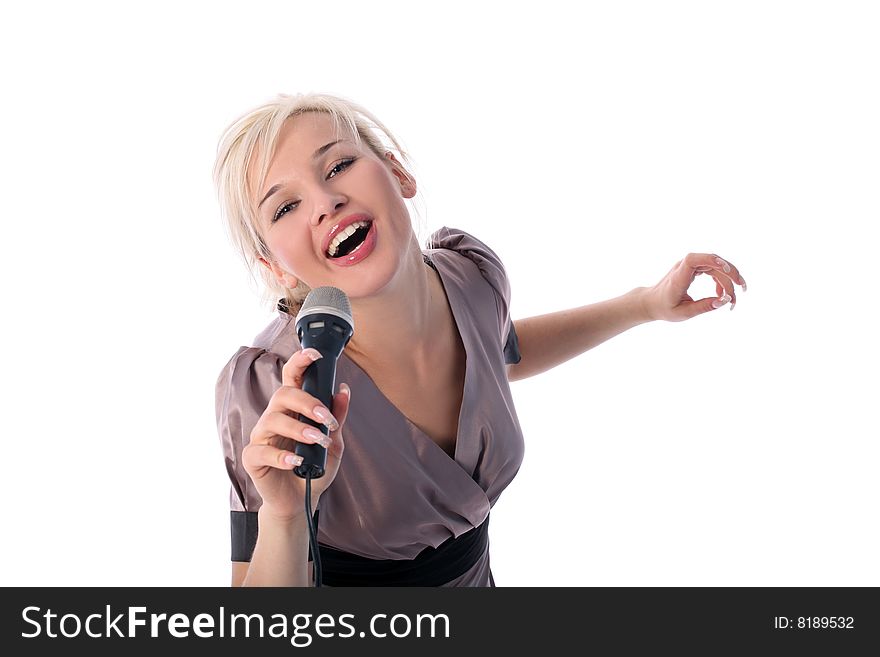 Lovely blondie girl with mic isolated on white