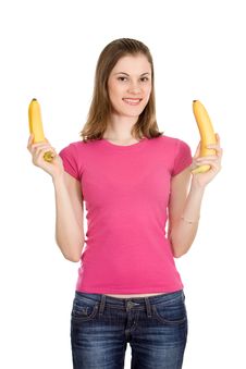 Beautiful Girl Holding Bananas; Isolated On White Stock Image Beautiful Girl Holding Bananas; Isolated On White Stock Image