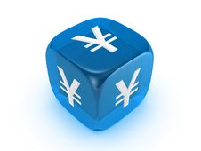 Translucent Blue Dice With Yen Sign Royalty Free Stock Photography