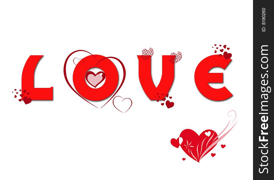 Love word with hearts on white background