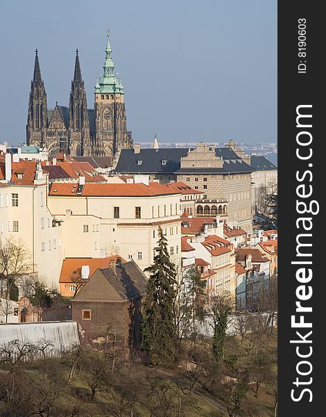 Prague winter panorama of Prague castle and Hradcany.