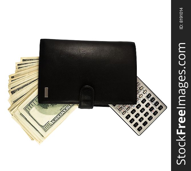 Leather wallet with money and a calculator isolated on a white background