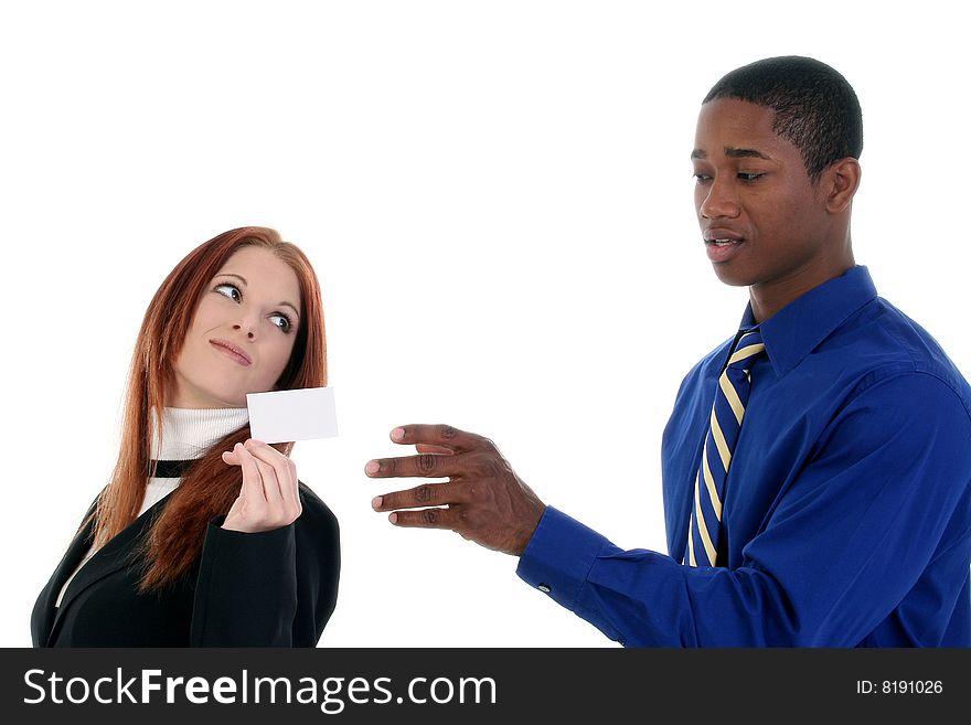Business Man and Woman with Business Card