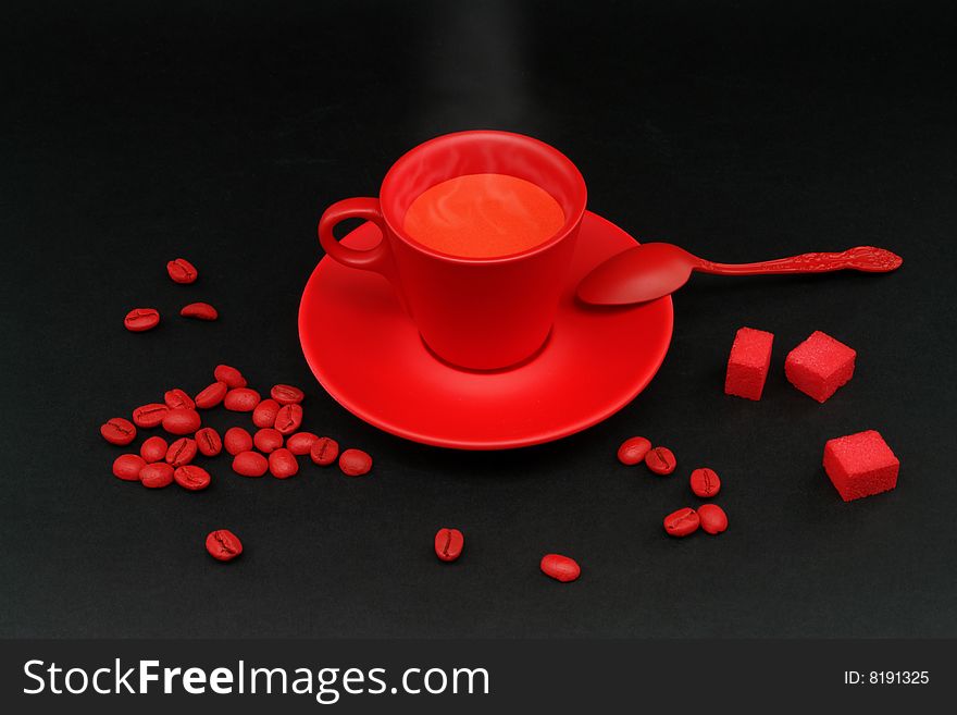 Cup coffee, beans and sugar elegant, unusual, bright colors. Cup coffee, beans and sugar elegant, unusual, bright colors