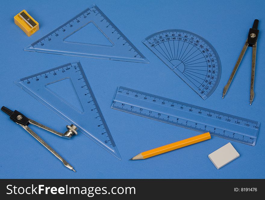 Geometry set for school with a ruler ,compass, protractor,pencil ,pencil sharper eraser. Geometry set for school with a ruler ,compass, protractor,pencil ,pencil sharper eraser
