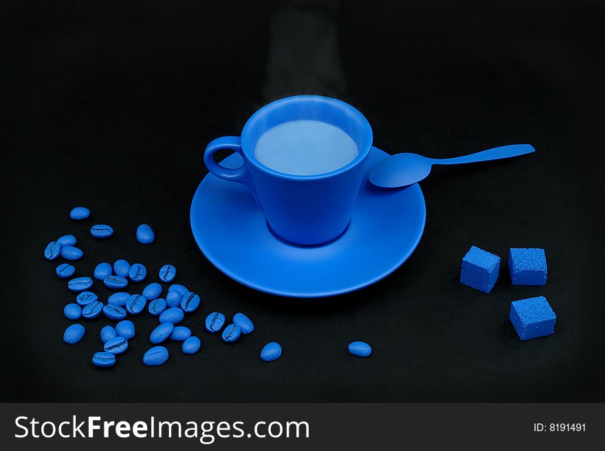 Cup of coffee, beans and sugar elegant, unusual, bright colors. Cup of coffee, beans and sugar elegant, unusual, bright colors