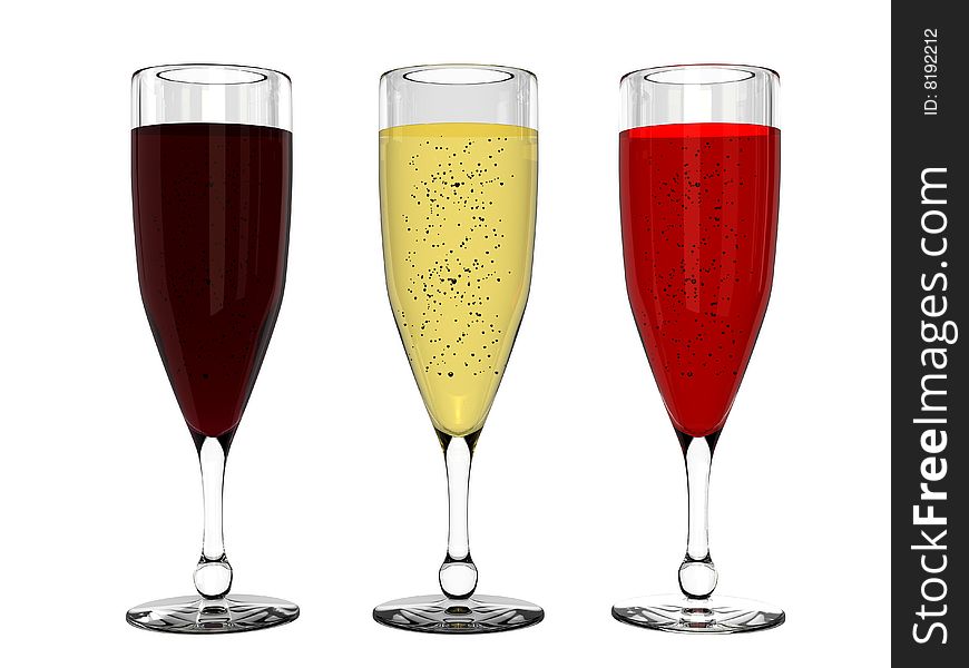 Champagne and wine in glass isolated on white background