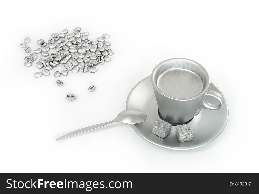 cup coffee, beans and sugar elegant, unusual, silver colors