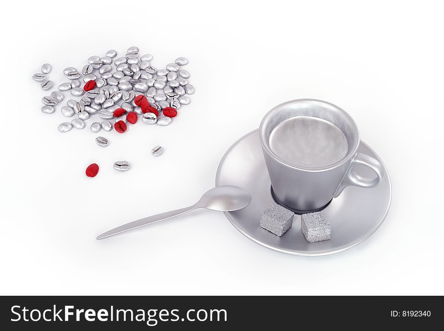 Cup coffee, beans and sugar elegant, unusual, silver and red colors
