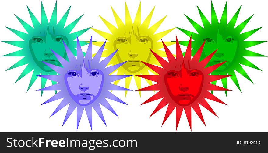 Colorful flower shaped suns with faces