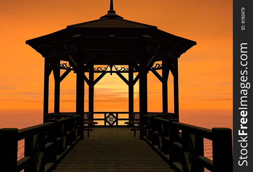 A pier stands silhouetted by the setting sun.  Computer Generated Image, 3 Dimensional model. A pier stands silhouetted by the setting sun.  Computer Generated Image, 3 Dimensional model.