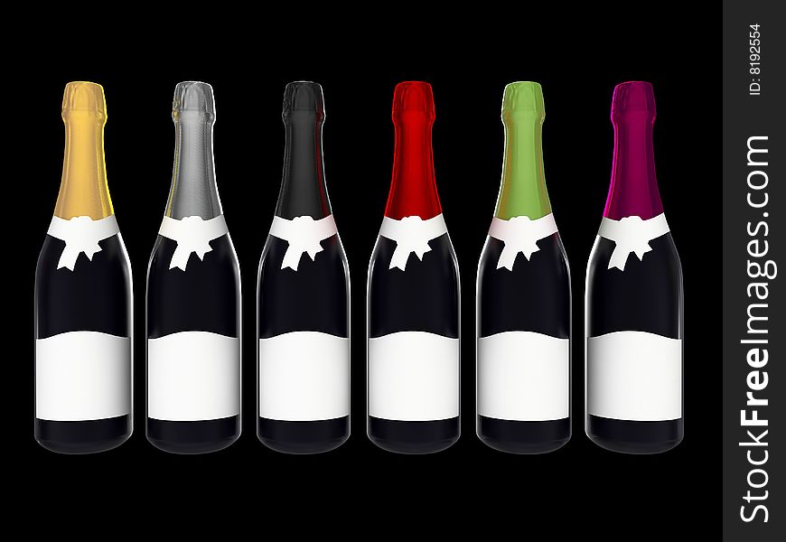Champagne or wine bottles with blank labels isolated on black background