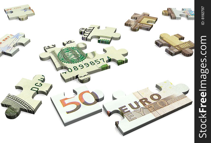 Note of euro and dollar as puzzle on a white background