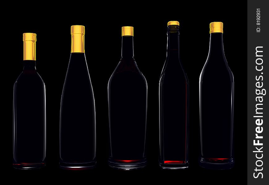 Wine bottles without labels isolated on black background