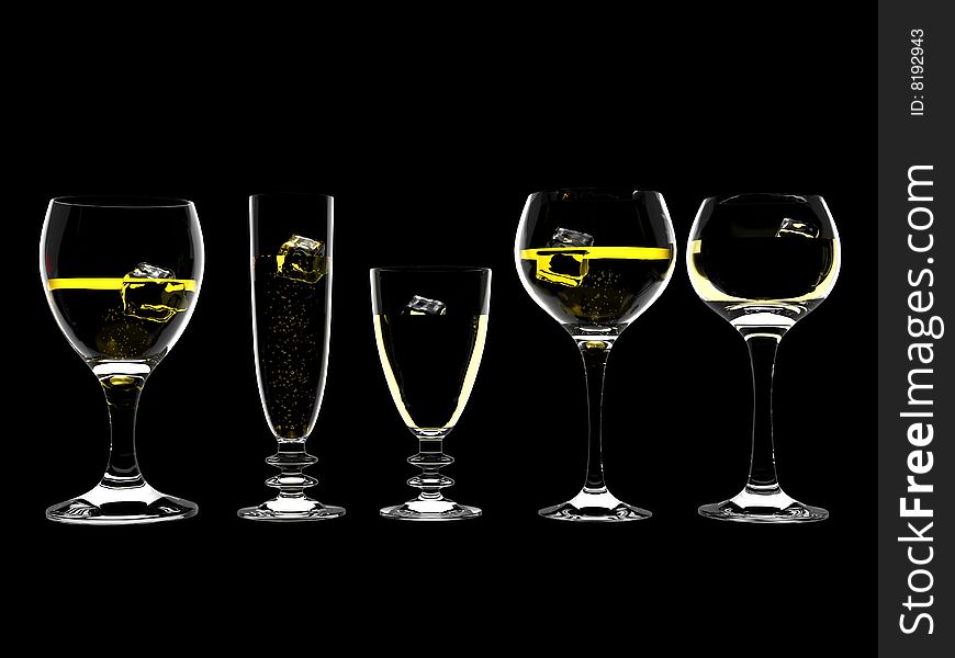 Champagne or wine with ice in glass isolated on black background