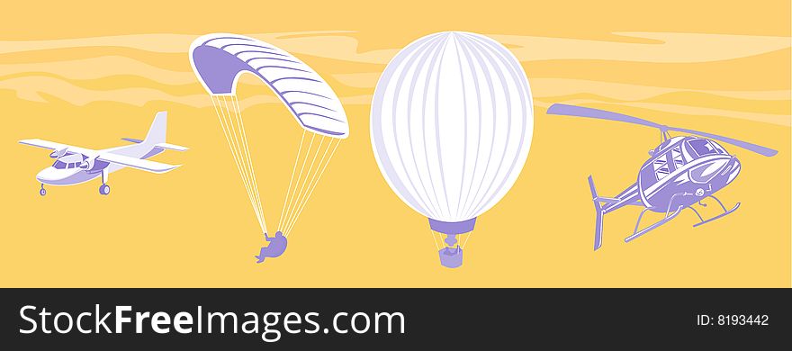 Vector illustration on air transport showing a propeller plane, hot air balloon, paragliding and a helicopter. Vector illustration on air transport showing a propeller plane, hot air balloon, paragliding and a helicopter