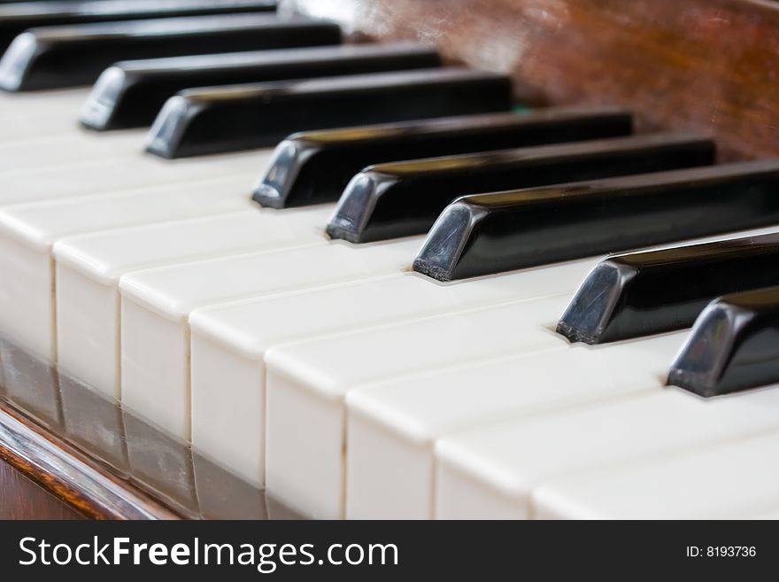 Closeup perspective view of a piano keyboard