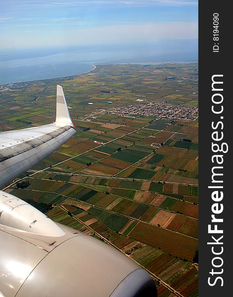 View from the airplane window to Greek coast near Thessaloniki. View from the airplane window to Greek coast near Thessaloniki