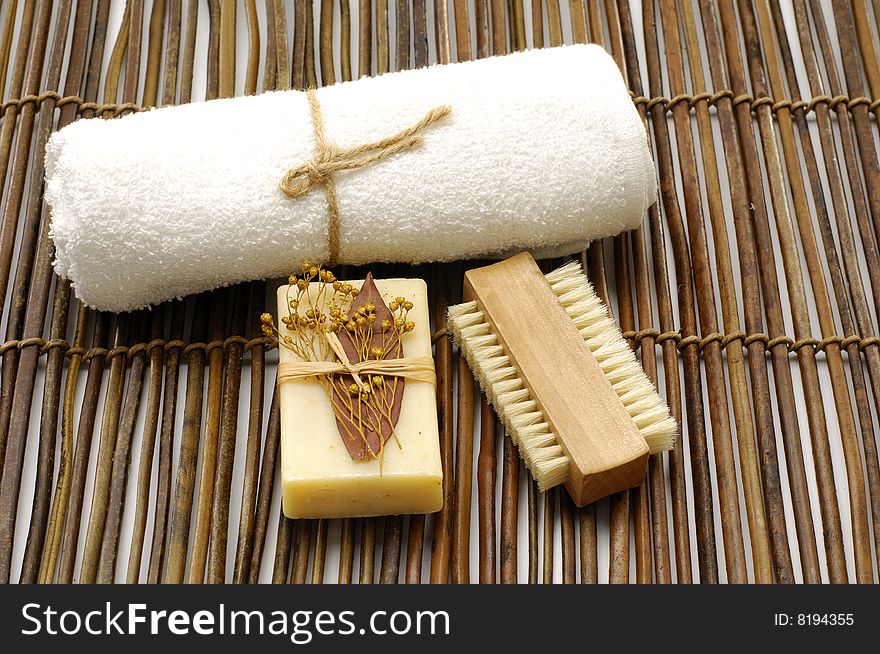 Bath accessories on the bamboo mat. Bath accessories on the bamboo mat