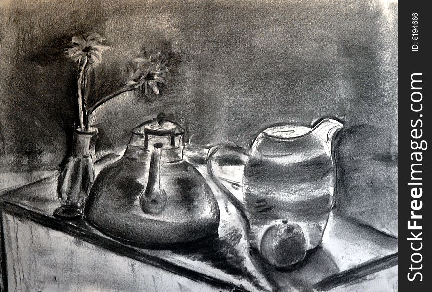 A Kettle a Jug and a vase of flowers in charcoal. A Kettle a Jug and a vase of flowers in charcoal