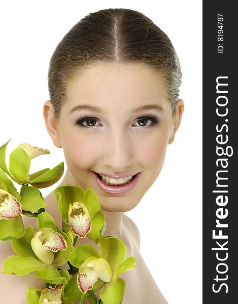 Bright picture of lovely girl with orchid. Bright picture of lovely girl with orchid