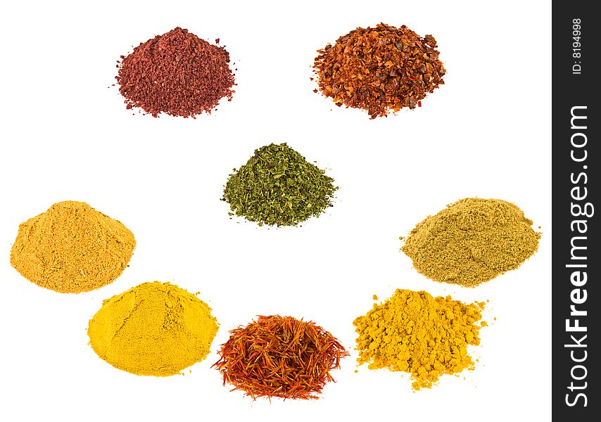 Spice - saffron, sumak,  mint, fleisch, cumin, coriander, indian curry, chili. Isolated on a white background. Spice - saffron, sumak,  mint, fleisch, cumin, coriander, indian curry, chili. Isolated on a white background.