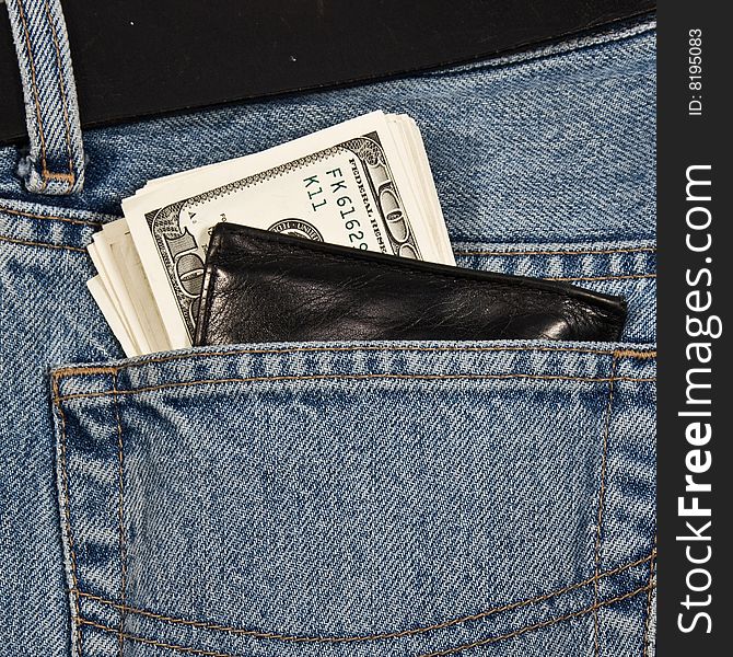 Wallet with money in  hip-pocket of jeans. Wallet with money in  hip-pocket of jeans