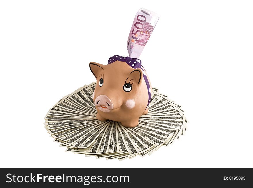 Moneybox - pig  and dollars, euro isolated on a  white background