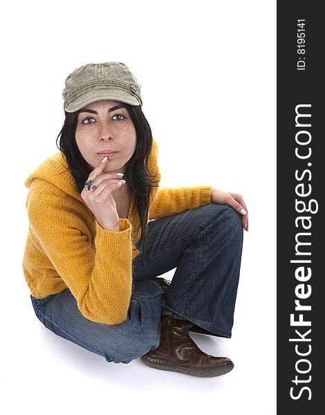 Young Casual Woman With Hat And Yellow Sweater