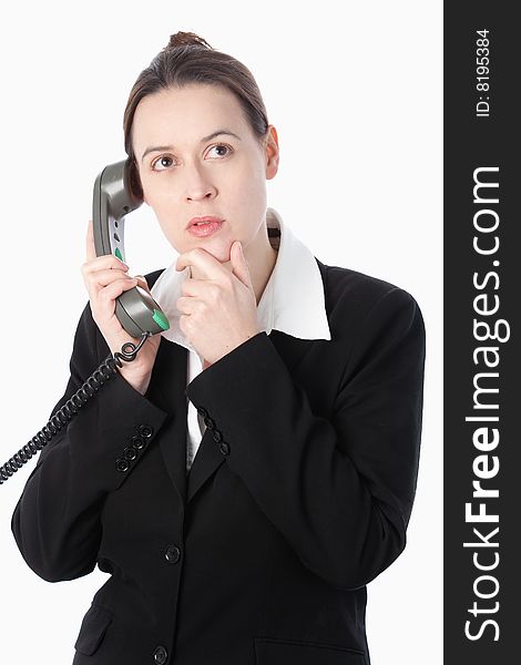 A woman making a decision on the phone - on a white background. A woman making a decision on the phone - on a white background