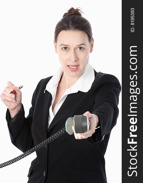 A woman in a business role handing a telephone over. A woman in a business role handing a telephone over.