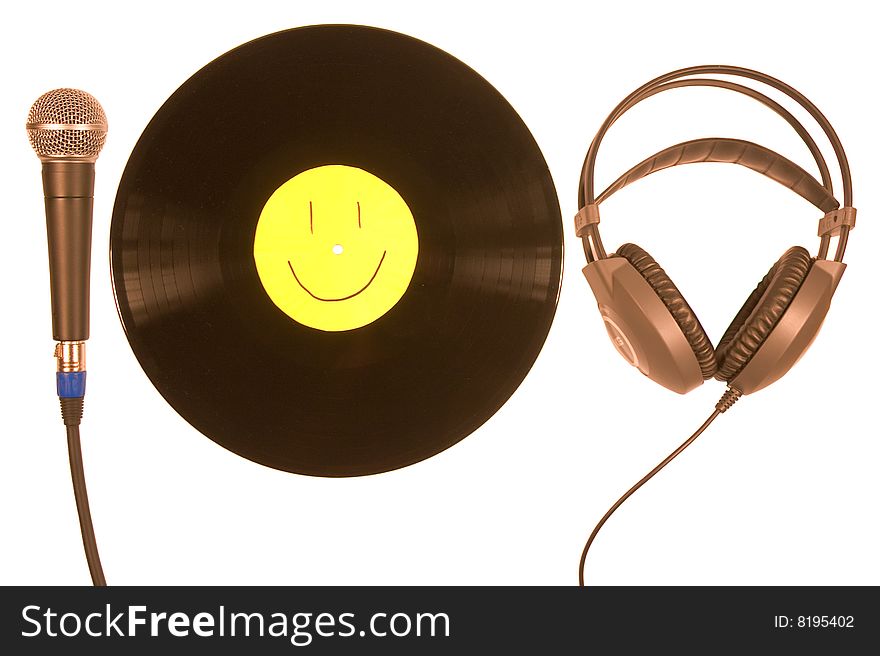 Vinyl, microphone and  headphones isolated on a white background