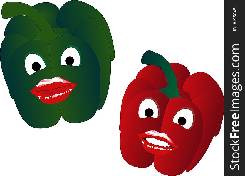 Two sweet peppers one red and one green,  smiling .