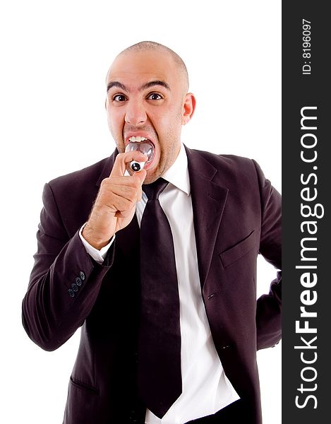 Male eating light bulb on an isolated background