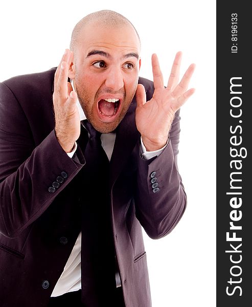 Businessman shouting loudly with white background