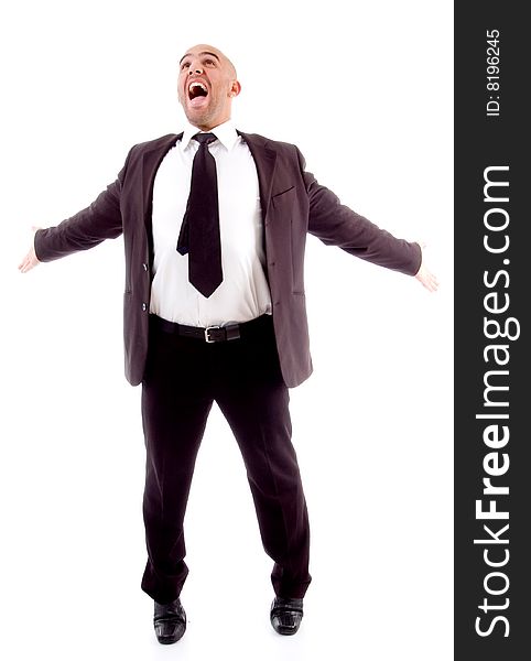 Businessman shouting loudly on an isolated background