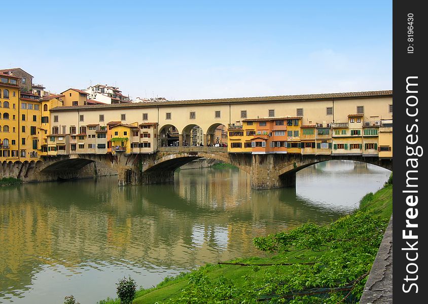 Famous italian landmark - bridge Ponte Vecchio on Arno river in Florence Firenze Tuscany Italy. Famous italian landmark - bridge Ponte Vecchio on Arno river in Florence Firenze Tuscany Italy