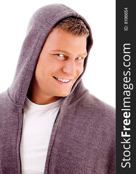 Smiling man with hood coat