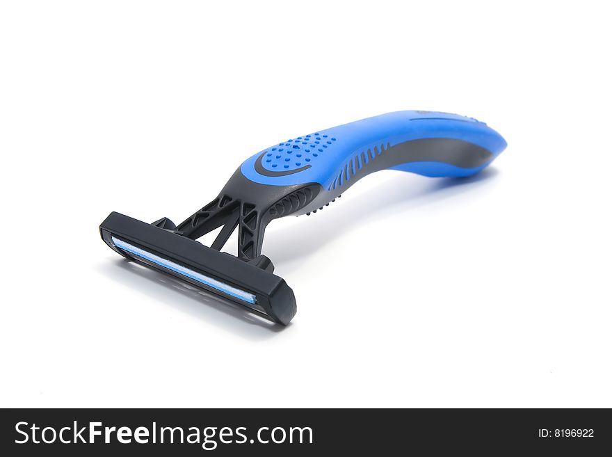 Blue and black shaver on white background with shadow