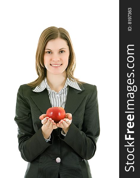 Attractive business woman with an apple; isolated. Attractive business woman with an apple; isolated