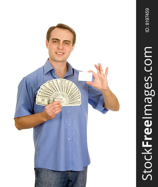 Man With A Business Card And Money. Isolated
