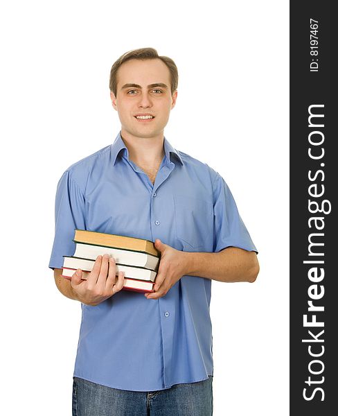 Young handsome guy with books. Isolated on white. Young handsome guy with books. Isolated on white.