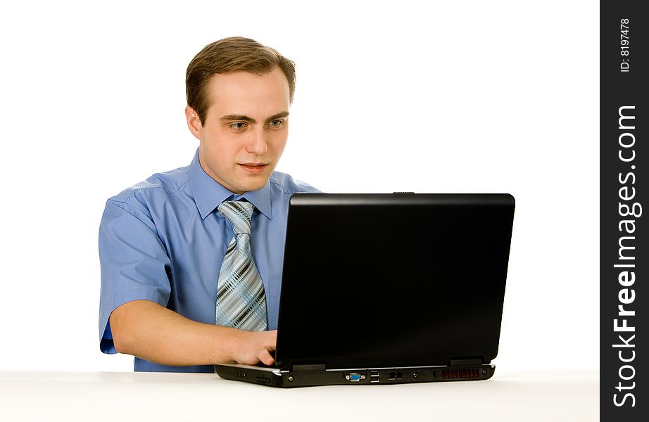 Man Working On A Laptop. Isolated On White.